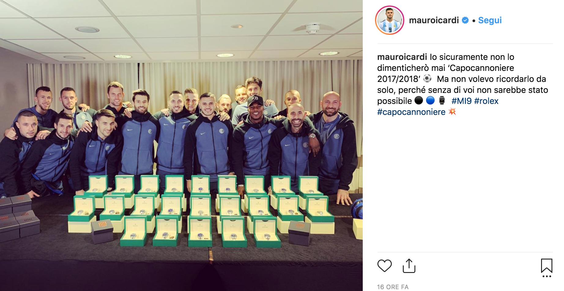 Il bomber dell'Inter Icardi regala un Rolex a tutti i compagni di squadra
